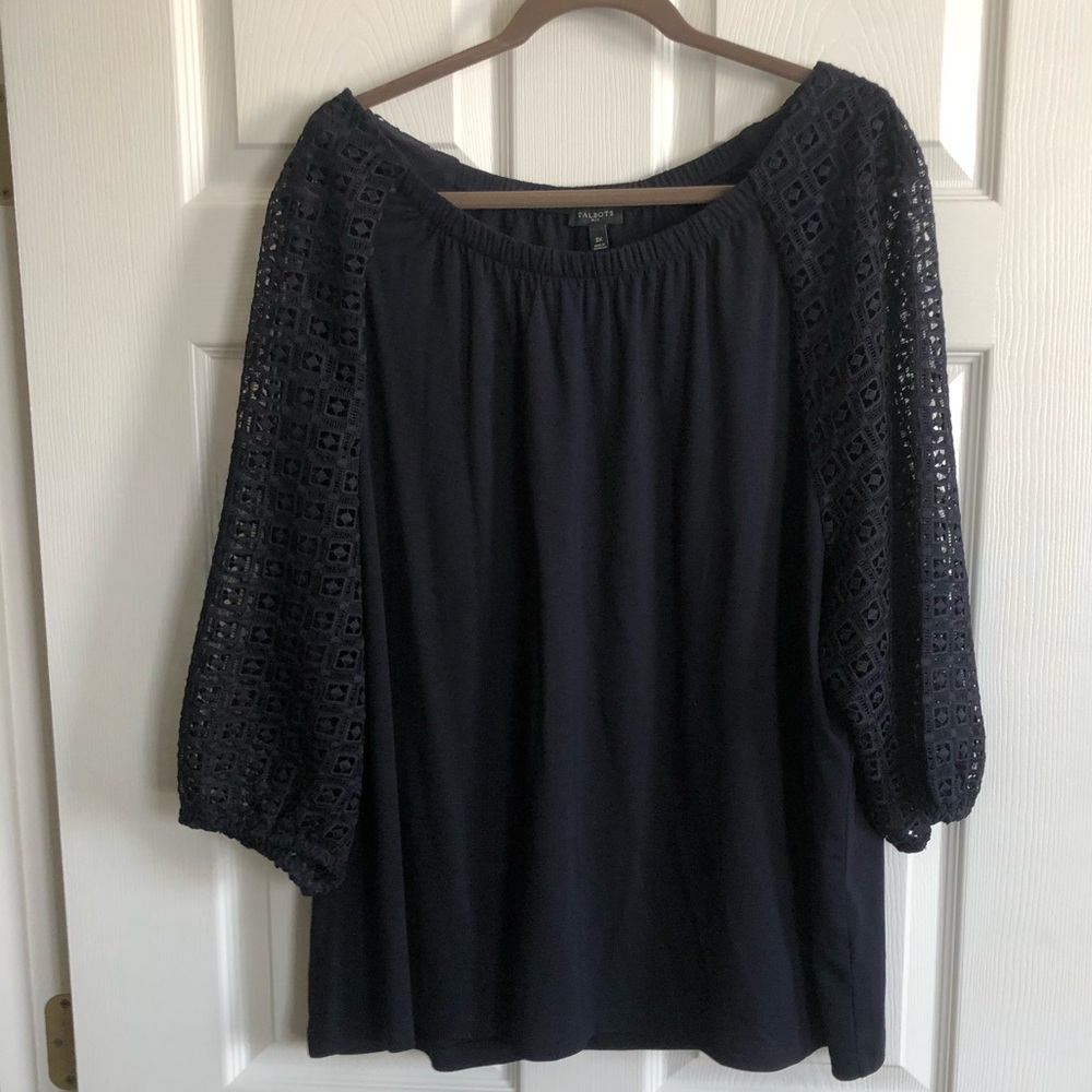 Talbots- Navy Top with Embroidered Sleeves- 3x